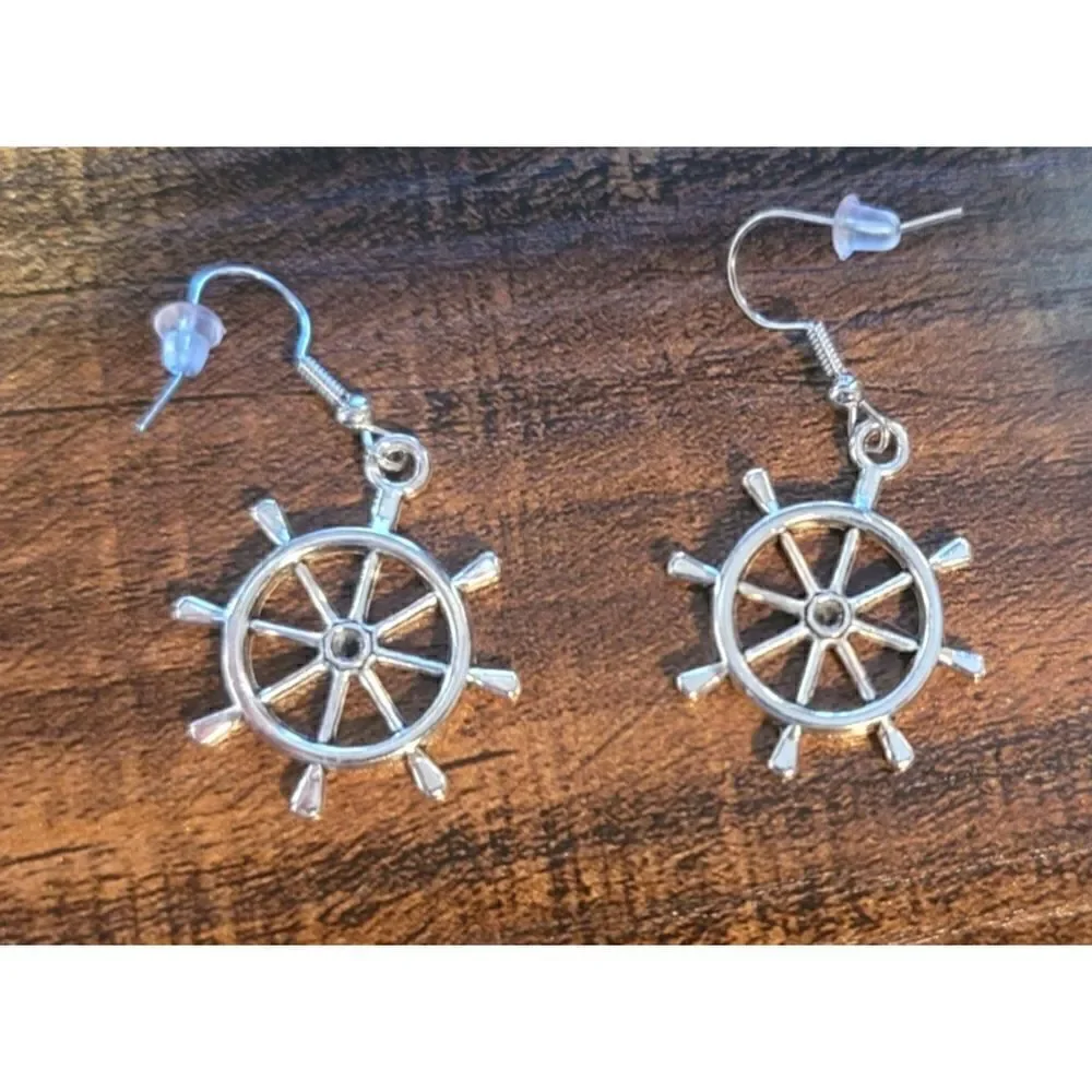 New Silver Ship Rudder Dangle Earrings